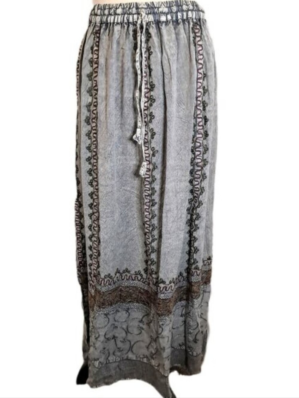 Purpura Gray Embroidered Boho Lagenlook Ethnic Festival Hippie Whimsy Skirt S/M